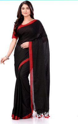 Bhadra Solid/Plain, Self Design Handloom Handloom Pure Cotton Saree(Black, Red)