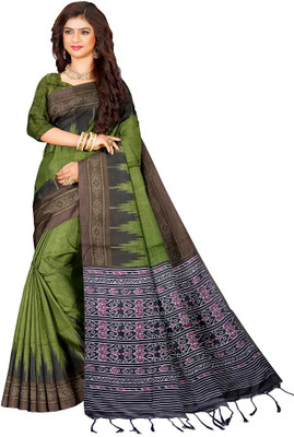 maadurga Printed Sambalpuri Cotton Blend Saree(Dark Green)