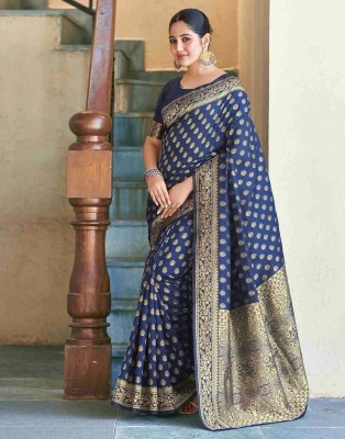 SHRIMAY Polka Print, Self Design, Woven Kanjivaram Silk Blend, Art Silk Saree(Dark Blue)