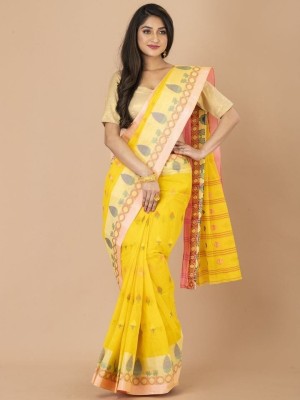 TheBongFashion Woven, Self Design Handloom Pure Cotton Saree(Yellow)