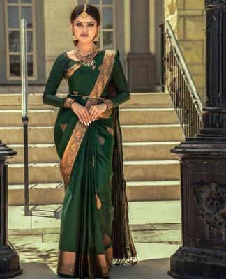 Bansari Textiles Woven Banarasi Cotton Silk Saree(Dark Green)