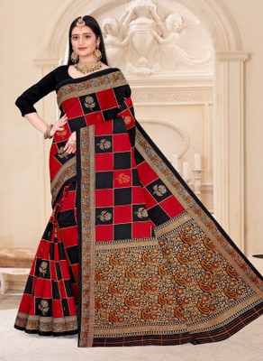 LYNETH Polka Print Sambalpuri Pure Cotton Saree(Black, Red, Gold)