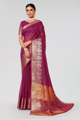 AVANSHEE Self Design, Woven, Solid/Plain Banarasi Cotton Silk Saree(Purple)
