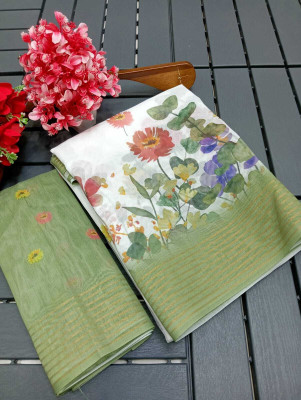 HouseOfCommon Floral Print Chanderi Chanderi, Pure Silk Saree(White, Green)