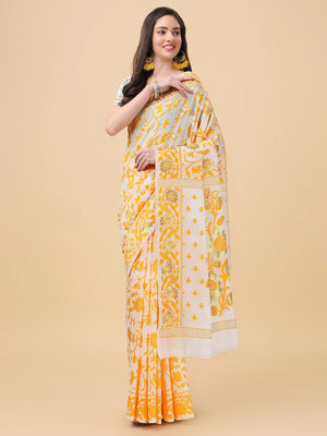 ANISSA SAREE Woven Jamdani Cotton Blend Saree(Yellow)