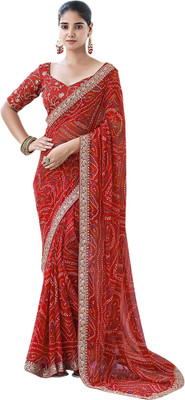 Pranjal Embroidered, Embellished Bandhani Silk Blend Saree(Red)