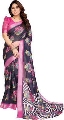 Moda Rapido Floral Print Bollywood Cotton Blend Saree(Blue)