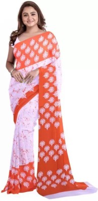 The Familiar Handicrafts Printed, Blocked Printed Bollywood Pure Cotton Saree(Orange)