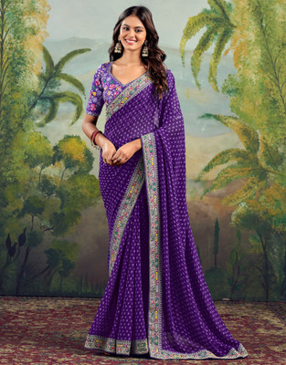 Satrani Embellished, Embroidered, Printed Bandhani Georgette, Lace Saree(Purple)