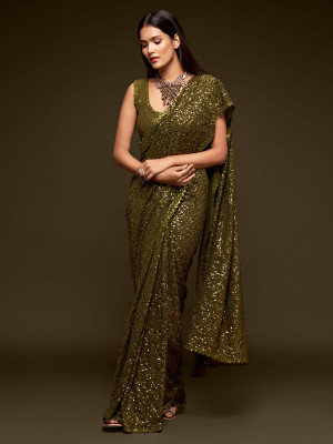 odette Embellished Saree with Attached Blouse Georgette Saree(Green)