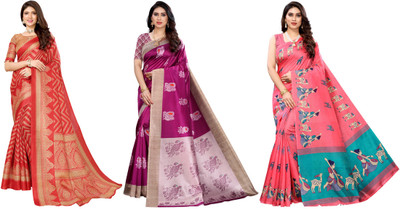 YASHIKA Printed Bhagalpuri Art Silk Saree(Pack of 3, Red, Purple, Pink)