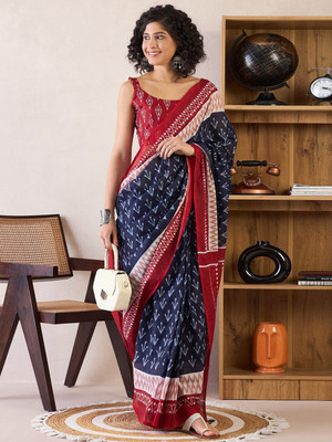 Anouk Rustic Printed Pre Draped Saree Cotton Blend Saree(Dark Blue)
