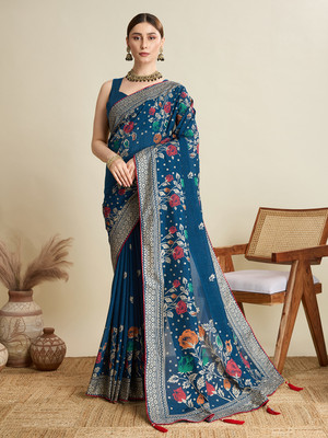 Yogik Creation Floral Print, Embroidered Banarasi Cotton Blend Saree(Multicolor)