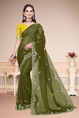 Infyshopy Fashions Self Design, Embroidered, Solid/Plain, Dyed Bollywood Georgette Saree(Light Green)