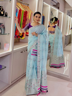 Sheden Lopez Creation Woven Mekhela Chador Cotton Silk Saree(Light Blue)