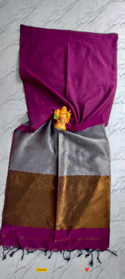 SAYAN CREATION Self Design, Temple Border Handloom Cotton Blend Saree(Purple)