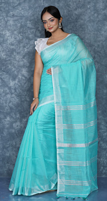 Tapan Textiles Striped Handloom Pure Cotton Saree(Light Blue)