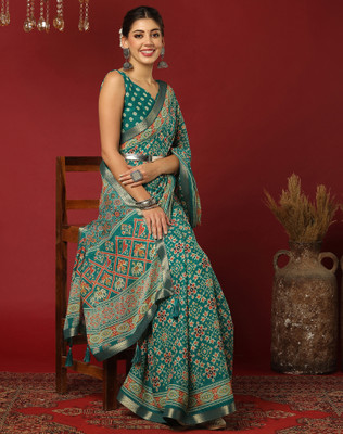 SIRIL Printed Bandhani Georgette Saree(Green)