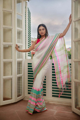 ADbutiq Self Design Bollywood Handloom Cotton Blend Saree(White)