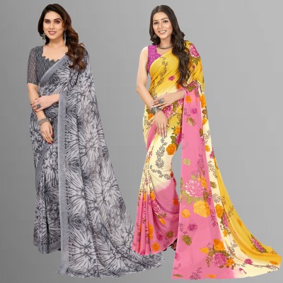 Anand Sarees Floral Print, Polka Print, Ombre, Printed Bollywood Georgette Saree(Pack of 2, Pink, Yellow, Grey)