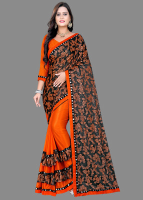 ksevencreation Printed Bollywood Lycra Blend Saree(Black, Orange)