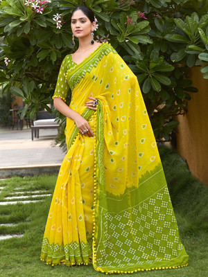 ANOUK Printed Daily Wear Cotton Blend Saree(Yellow)