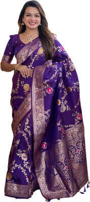 VARSHDIN Floral Print Banarasi Silk Blend Saree(Purple)