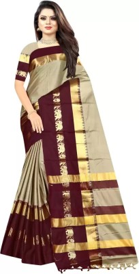 Fab Silk Woven Banarasi Cotton Silk Saree(Cream)