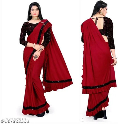 PLEXSTAR Solid/Plain Bollywood Lycra Blend Saree(Red)