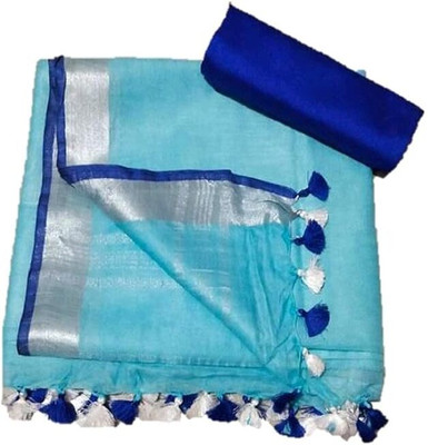 Aamir Fashion Textile Solid/Plain Bhagalpuri Handloom Cotton Linen Saree(Light Blue)