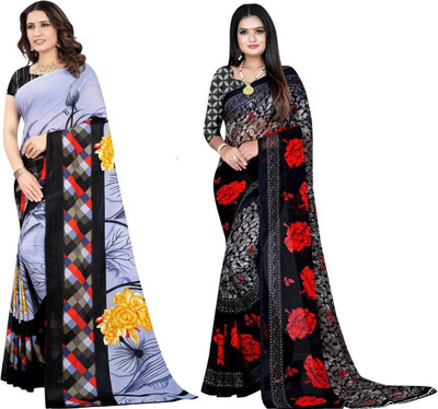 Leelavati Printed Daily Wear Georgette Saree(Pack of 2, Black, Grey)