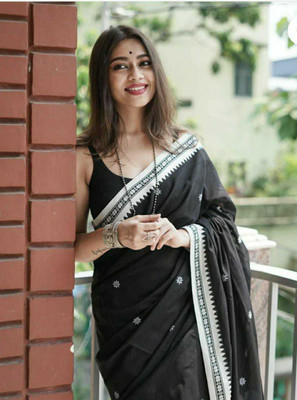 Damudar sarees Woven Handloom Cotton Blend Saree(Black)