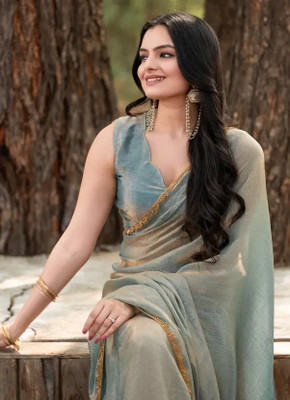 Online Bazaaar Solid/Plain Bollywood Chiffon, Pure Silk Saree(Blue)