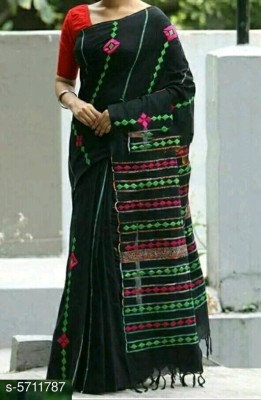 Gitobitan Woven Tant Cotton Jute Saree(Black, Green, Red)