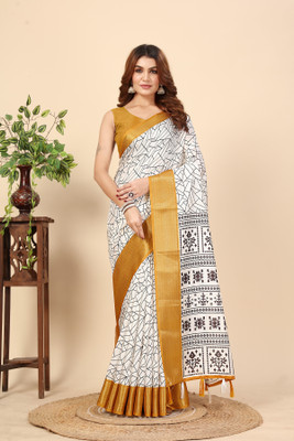 HouseOfCommon Self Design, Checkered, Printed Madhubani Cotton Silk Saree(Yellow)
