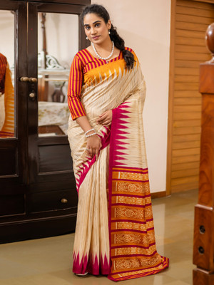 Sareemall Printed Tant Silk Blend Saree(Beige)