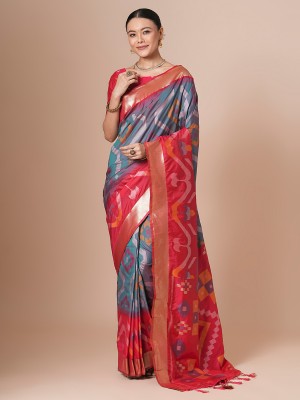 Sareemall Woven Pochampally Silk Blend Saree(Blue, Red)