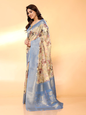 Moda Rapido Digital Print Banarasi Cotton Silk Saree(Gold)