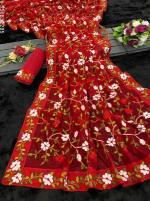 Vijay Fashion Embroidered Bollywood Net Saree(Red)