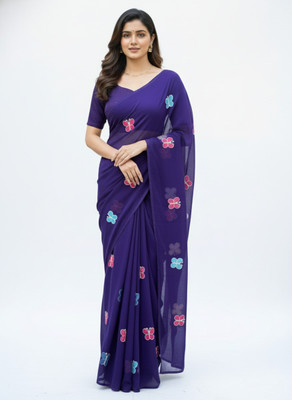 Fabbarries Embellished, Embroidered, Floral Print, Printed Daily Wear Georgette, Chiffon Saree(Dark Blue)