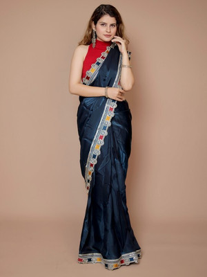 ANOUK Solid/Plain Daily Wear Silk Blend Saree(Blue)