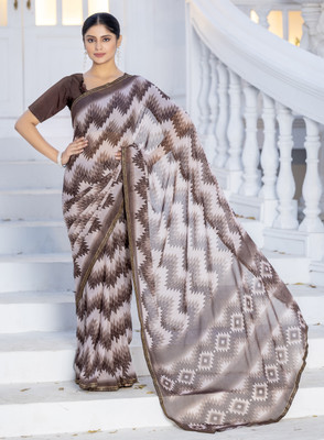 Leelavati Printed, Embellished, Embroidered Daily Wear Chiffon Saree(Brown, White)