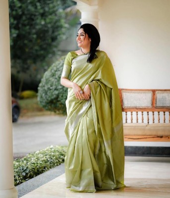 Anjaneya Sarees Woven Banarasi Silk Blend Saree(Light Green)