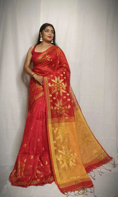AMITA BUTIQUE Self Design Hand Batik Cotton Silk Saree(Yellow, Red)