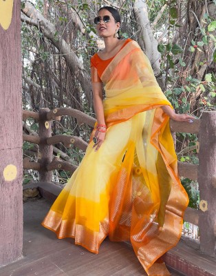 KOTHARI BS Solid/Plain Bandhani Organza Saree(Orange)