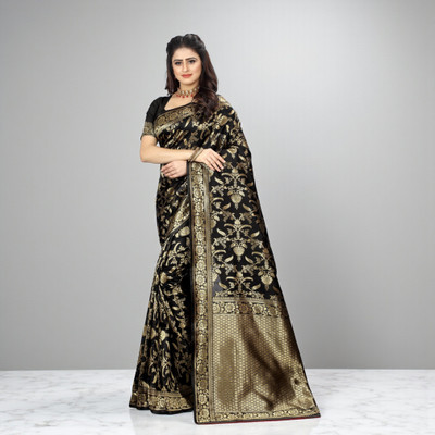 fFASHION Embellished, Solid/Plain, Striped, Temple Border, Floral Print, Dyed, Woven Banarasi Art Silk, Cotton Silk Saree(Black)