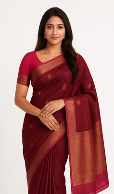 Uniqusarees Woven Saree with Attached Blouse Silk Blend Saree(Maroon)