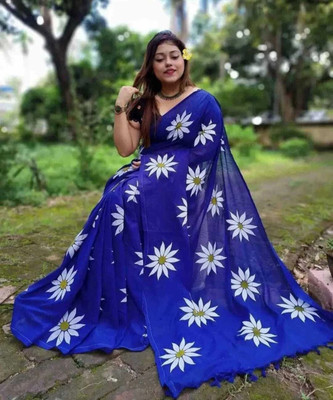 pal saree mahal Floral Print Hand Batik Cotton Blend Saree(Blue)
