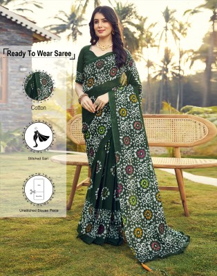 Samah Geometric Print Bollywood Pure Cotton Saree(Green, White)