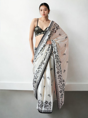 LeeliPeeri Designer Floral Print Bollywood Silk Blend Saree(White, Black)